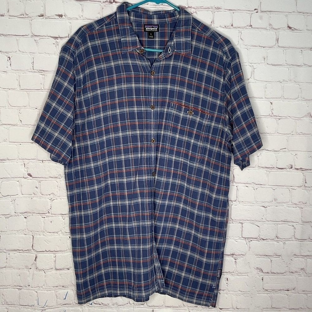 Patagonia Blue Plaid Short Sleeve Button Up Shirt Men L Vietnam Organic Cotton
